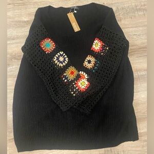 BloomChic Black V-Neck Sweater with Embroidered Sleeves